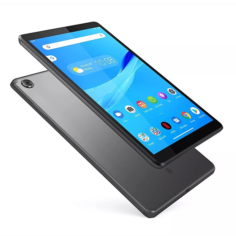 Tablet Lenovo Tab M8 TB-8505F da 8 pollici con schermo acceso, interfaccia Android e app visibili. Design moderno e compatto. Tablet Lenovo Tab M8 TB-8505F da 8 pollici con schermo acceso, interfaccia Android e app visibili. Design moderno e compatto.